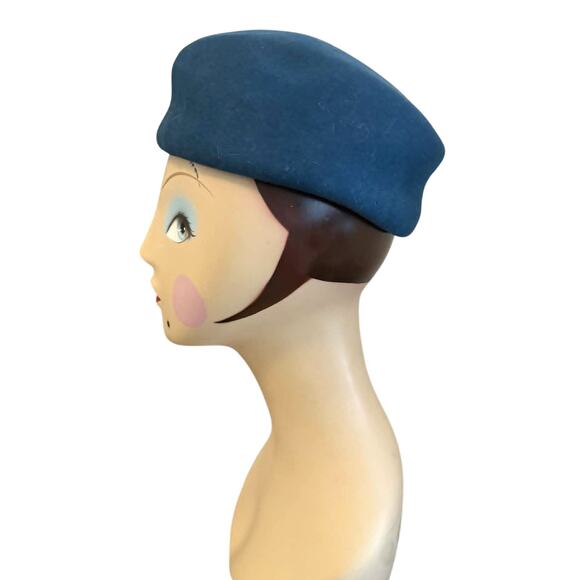 Vintage 80s Liz Claiborne Accessories Blue Wool Felt Pillbox Hat Feather USA main image 6